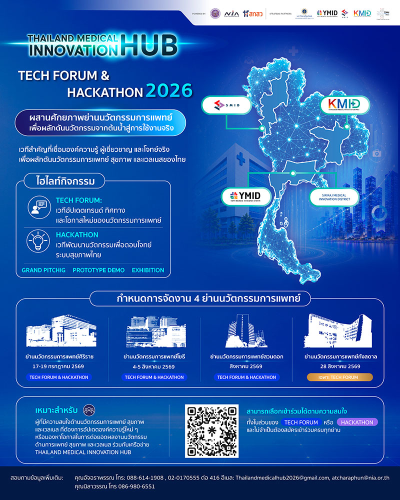 NIA ชวนร่วม Tech Forum & Hackathon 2026 เชื่อม 4 ย่านนวัตกรรมการแพทย์ สร้างไอเดียสู่การใช้งานจริง
