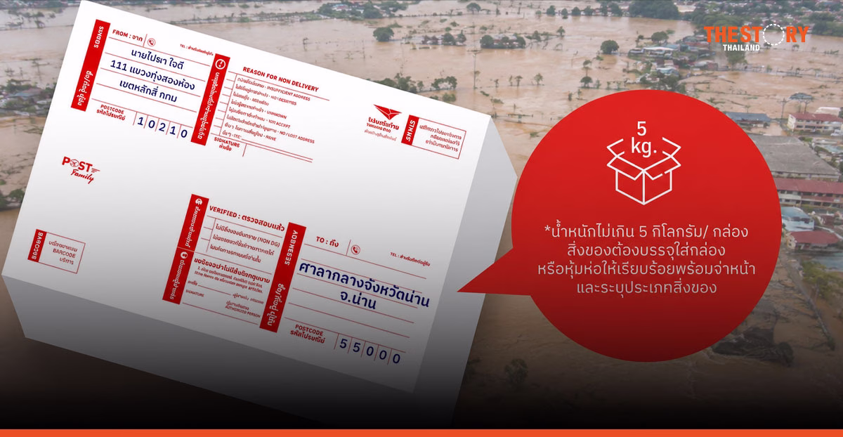 ไปรษณีย์ไทย ชวนส่งสิ่งของช่วยเหลือผู้ประสบภัยน้ำท่วม จ.น่าน ฟรี ถึง 24 ก.ย. 69